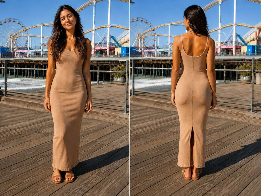 Tan Ribbed Knit Strappy Midi Dress